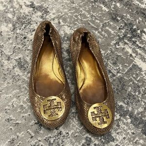 Tory Burch Gold Snake Skin Logo Flats